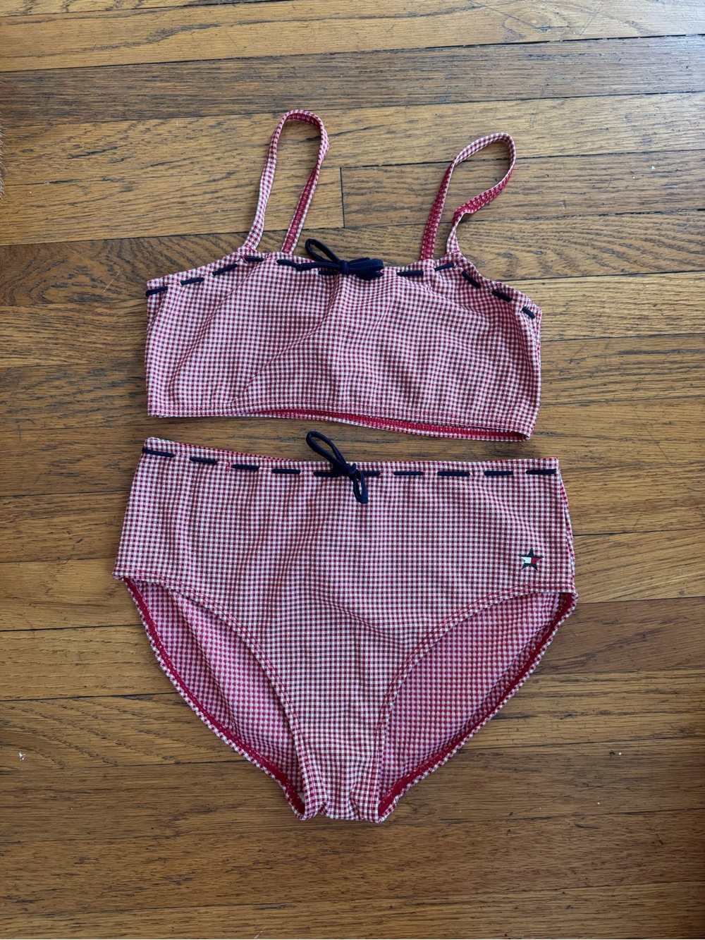 Vintage Tommy Hilfiger Red Gingham Two-Piece Bikini Set with Navy Trim